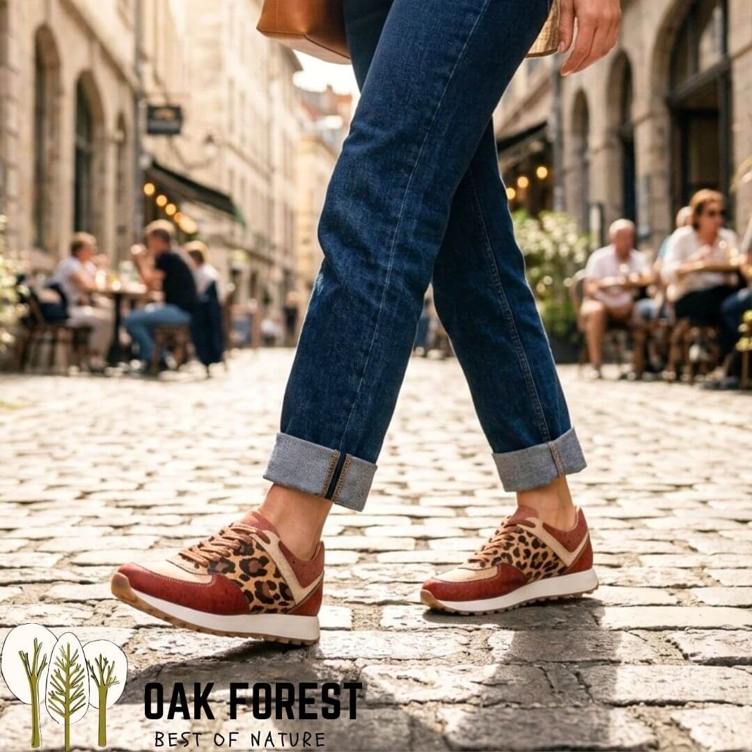 Basket Fauve en liège imprimé léopard, portées dans la rue, baskets femme vegan
