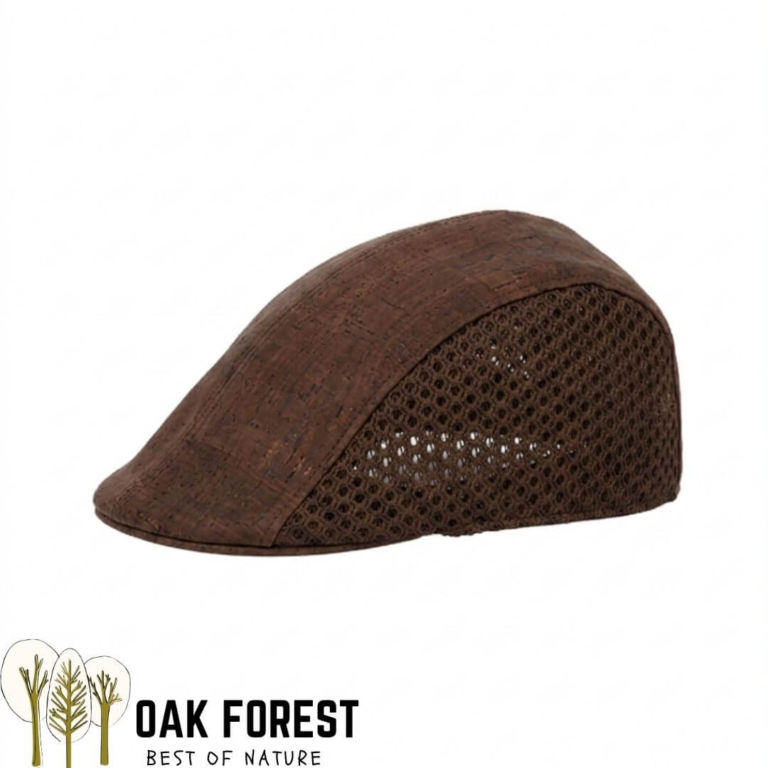Béret Gatsby en liège marron, vue de profil avec panneaux filet et visière liège