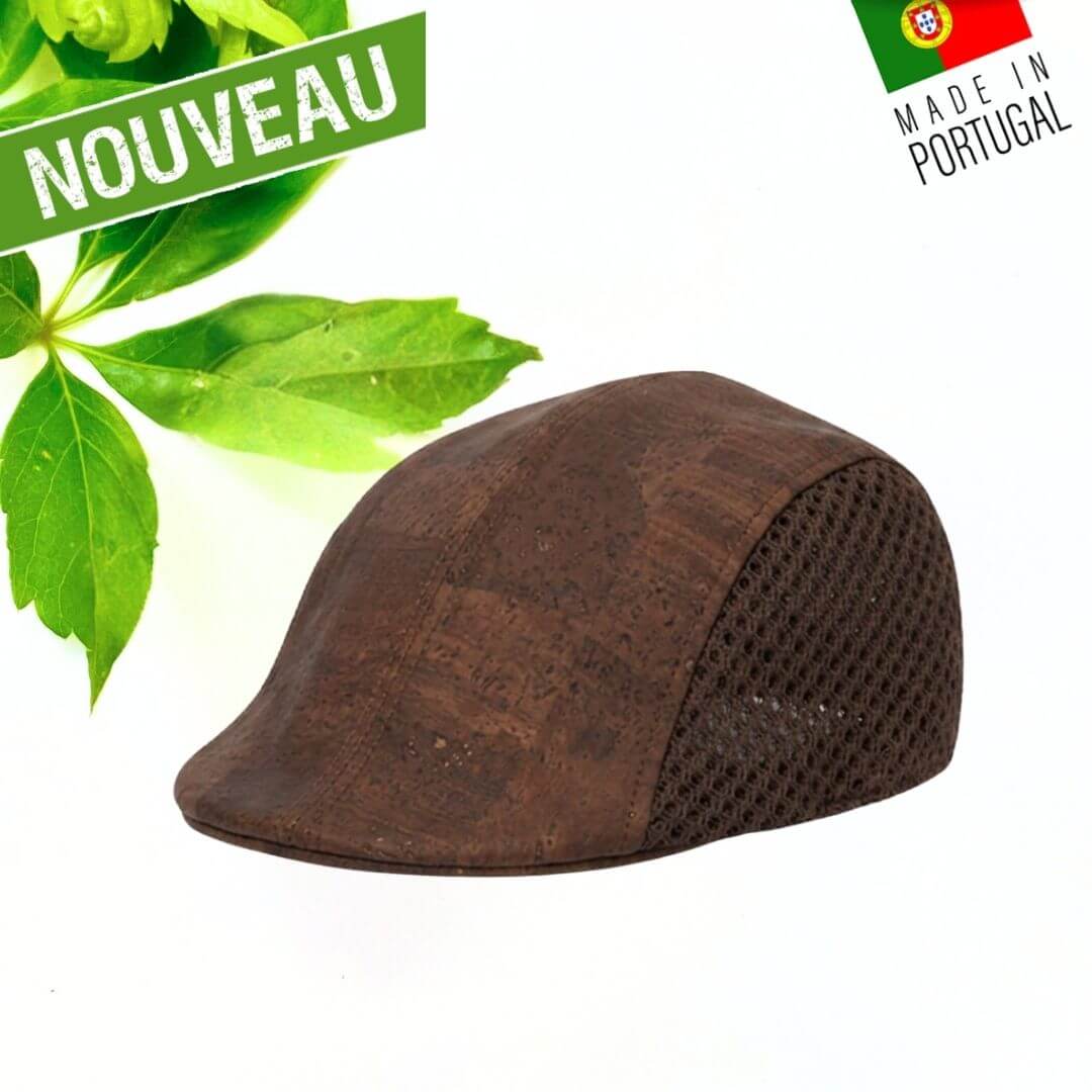 Casquette plate Gatsby en liège marron avec filet aéré latéral, vue trois-quarts