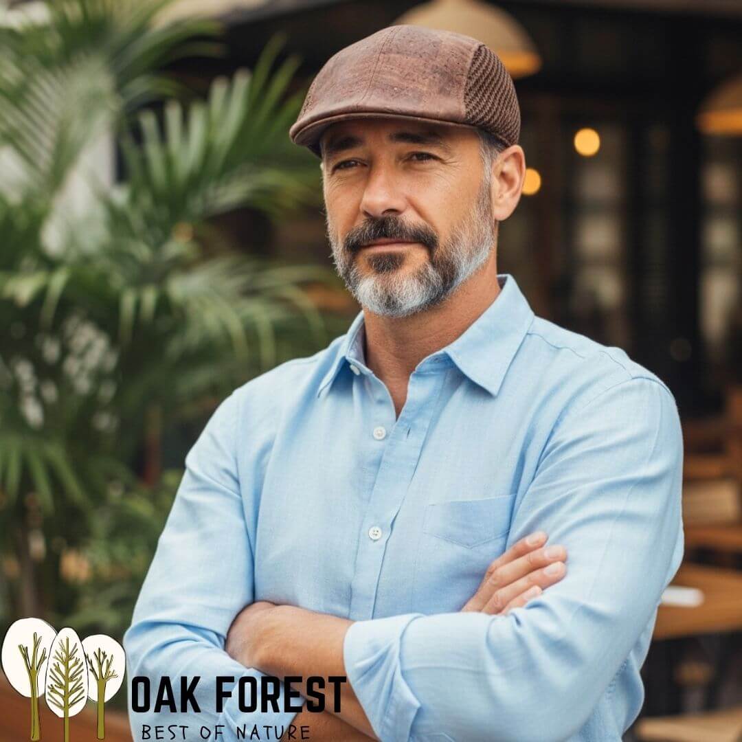 Casquette Gatsby en liège marron portée, style béret aéré