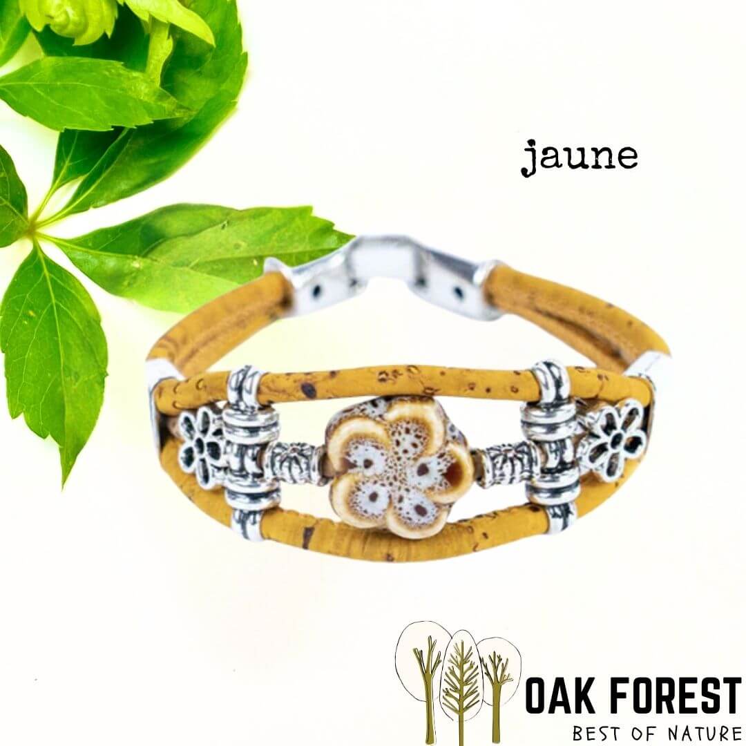 bracelet liege femme pas cher - bracelet liege fleuri - bracelet liège pour femme - bijoux en liège fleuri - bijoux femme portugal - idée cadeau fête des mères - bracelet fille vegan- bijou en bois - bijoux liege - bijou portugal - bijoux fantaisie pas cher