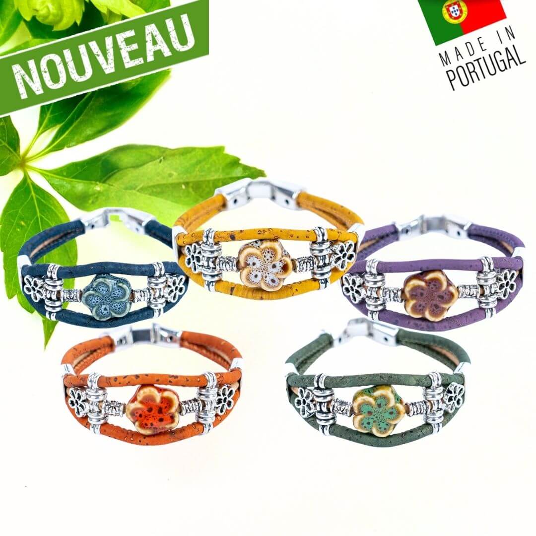 bracelet liege femme pas cher - bracelet liege fleuri - bracelet liège pour femme - bijoux en liège fleuri - bijoux femme portugal - idée cadeau fête des mères - bracelet fille vegan- bijou en bois - bijoux liege - bijou portugal - bijoux fantaisie pas cher