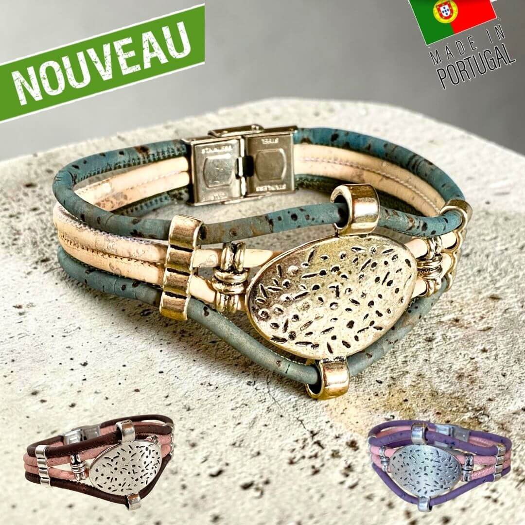 Bracelet en liège bleu et blanc avec médaillon martelé doré et fermoir en acier — modèle Mandala