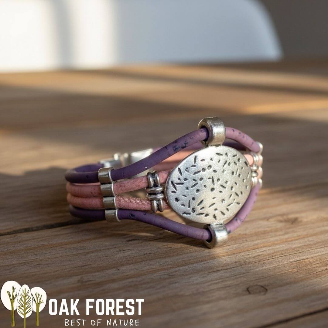 Bracelet en rose et violet avec médaillon martelé et fermoir en acier — modèle Mandala sur table en bois