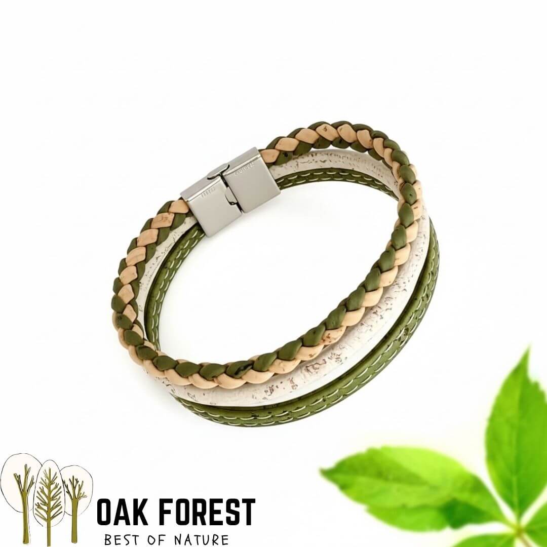 bracelet homme vegan liege vert kaki et blanc avec liège du portugal et fabriqué en france - idée cadeau homme - fête des pères