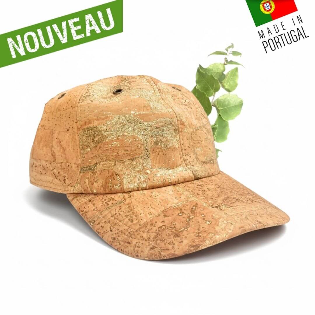 casquette femme en liège vegan avec reflets dorés, protection du soleil et de la pluie