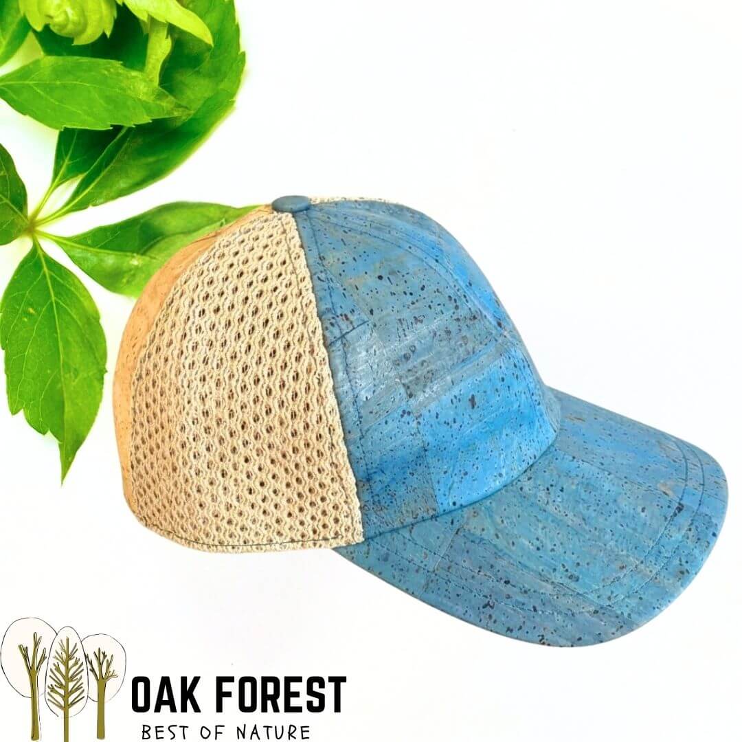 Casquette Azur en liège bleu turquoise avec filet aéré latéral et calotte liège naturel, vue de profil