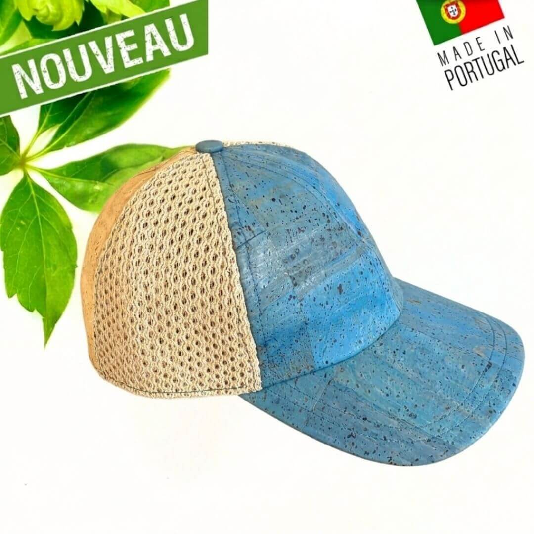 Casquette Azur en liège bleu ciel avec filet aéré latéral et calotte liège naturel, vue de profil