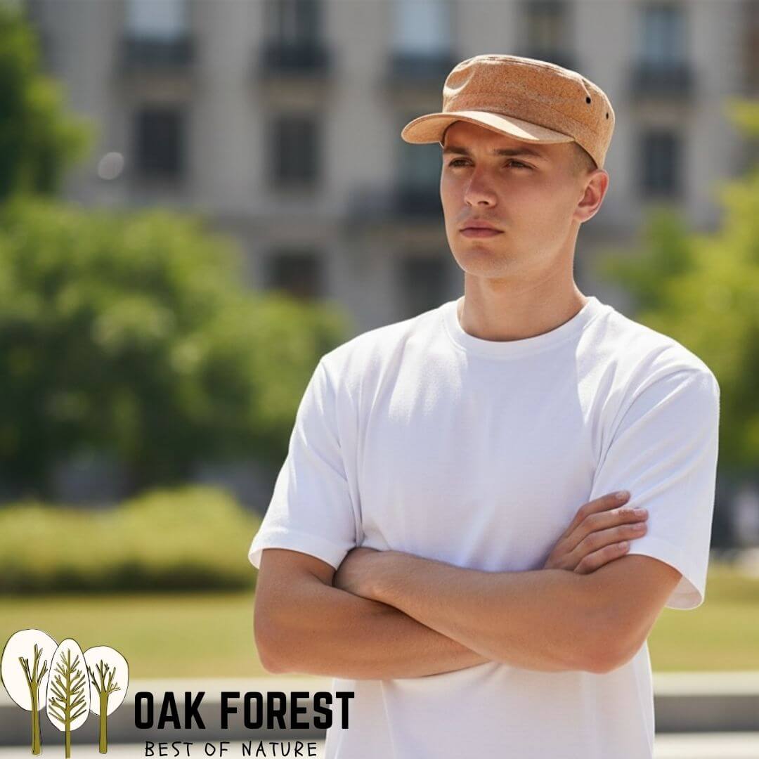 casquette militaire homme en liège dans l'esprit de Fidel Castro - Casquette militaire en liège naturel vegan portée – style Castro – Oak Forest
