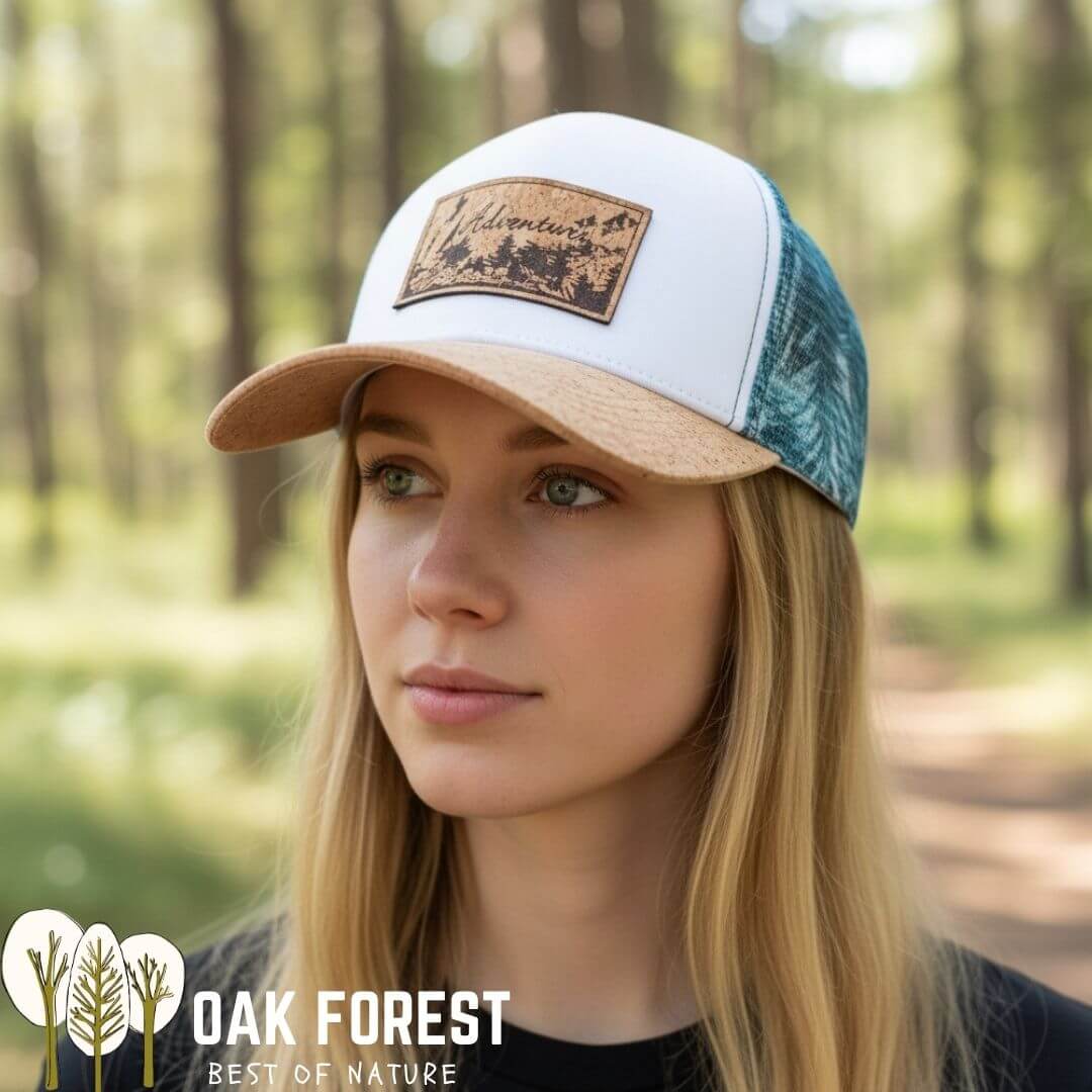 Femme portant la casquette trucker Adventure en liège dans une forêt