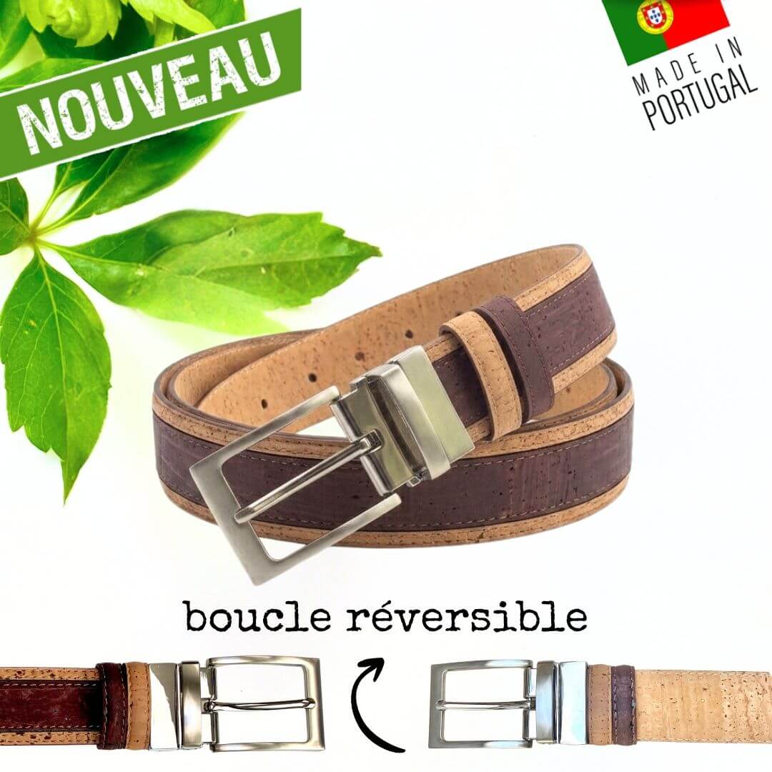 Ceinture homme réversible en liège camel et marron, boucle réversible