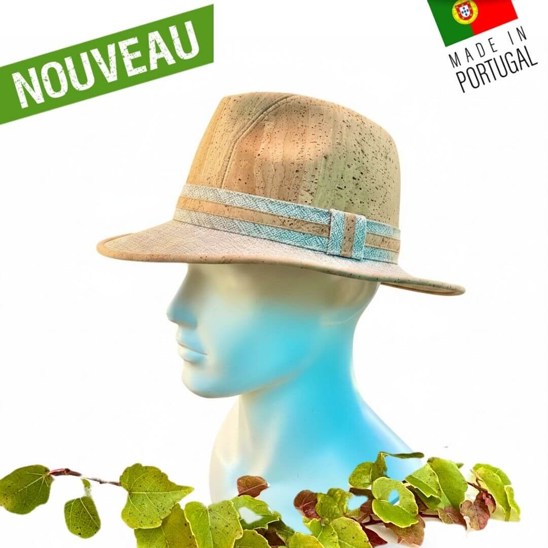 Chapeau Riviera en liège, vue de profil avec bord en tissu et liseré liège