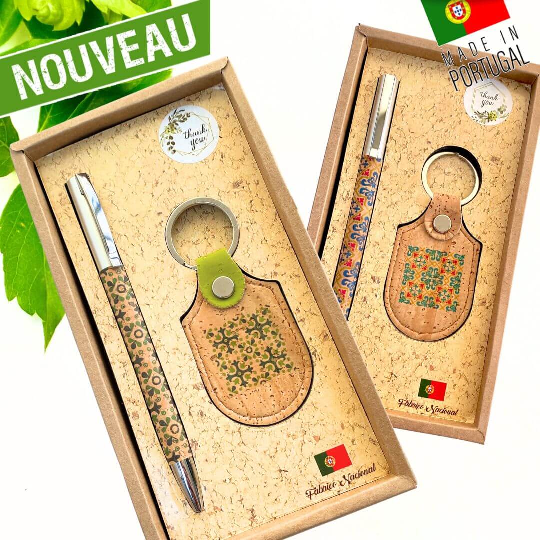 idée cadeau - coffret stylo et porte clé vegan en liège - stylo portugal - stylo original - plaisir d'offrir - artisanat portugal - cadeau vegan en liege - idée cadeau bureau - petit cadeau pas cher