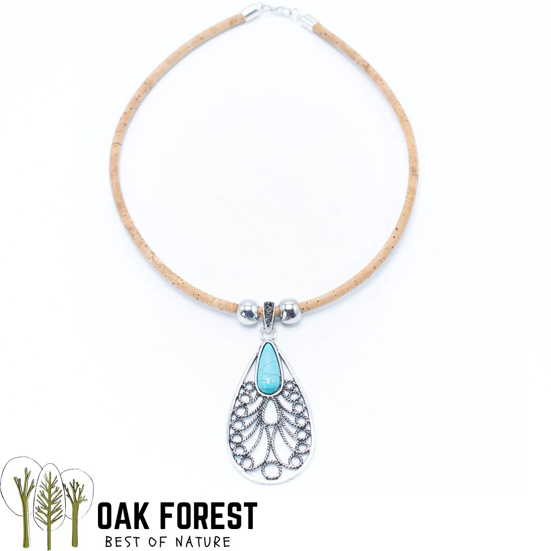Collier Goutte Bleue, pendentif zamak avec pierre turquoise sur cordon en liège naturel