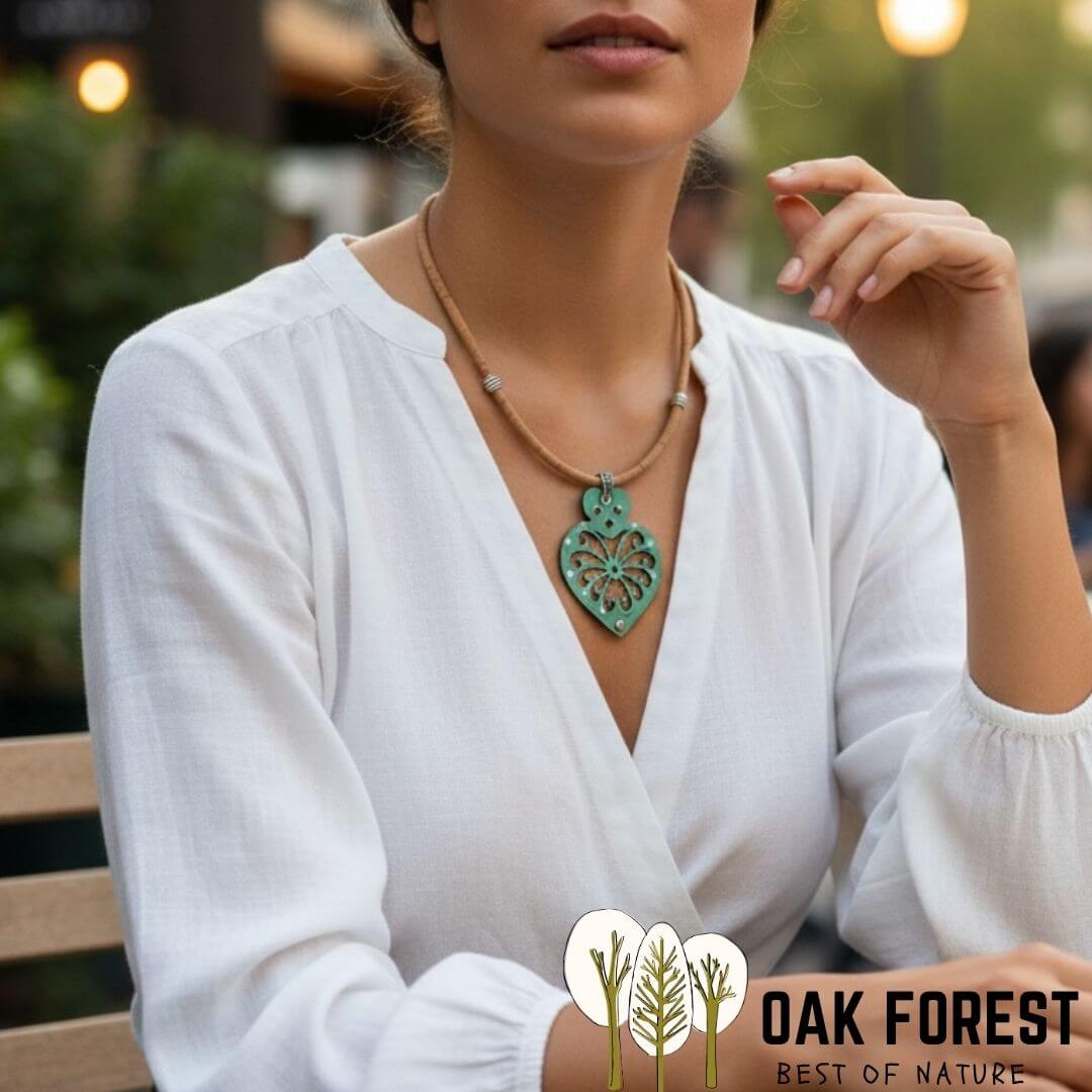 Collier Joli Coeur en liège porté sur décolleté, pendentif coeur ajouré vert d'eau