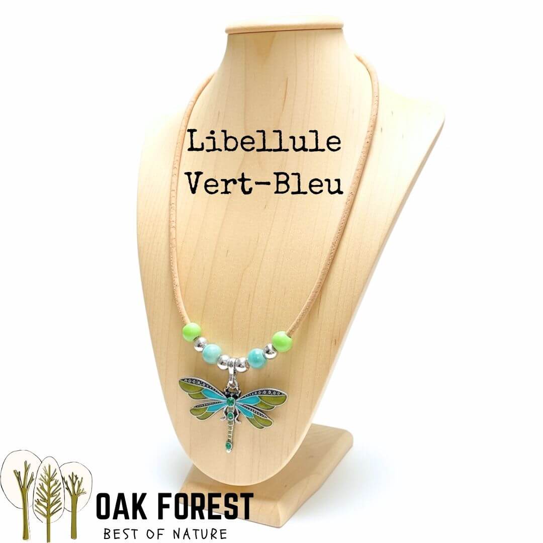 Collier en liège Libellule Color vert-bleu sur buste, pendentif libellule émaillé turquoise sur cordon liège