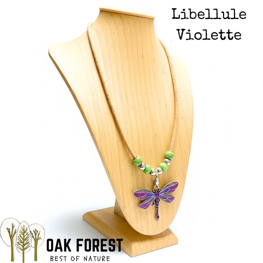 Collier en liège Libellule Color violet pourpre sur buste, pendentif libellule émaillé sur cordon liège
