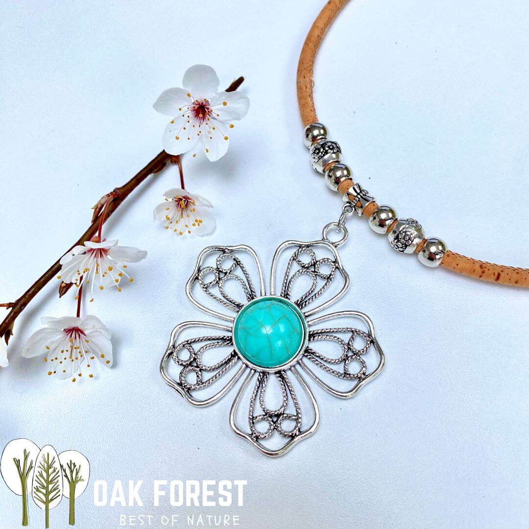 collier femme vegan en liege - collier naturel artisanal portugal - collier liege arabesque - fête des mères - idée cadeau - flower - collier fleur - collier vegan flower - collier fleurs femme naturel - collier portugal - collier pierre turquoise liège