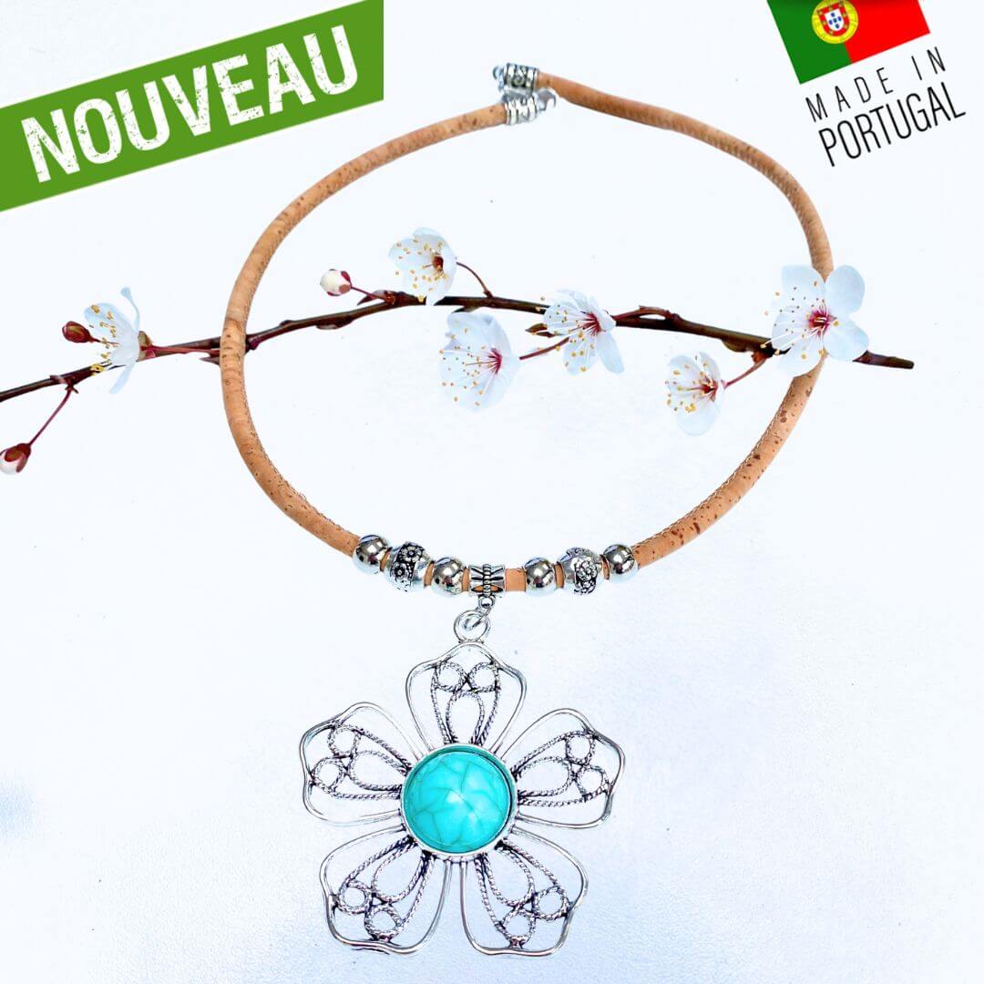 collier femme vegan en liege - collier naturel artisanal portugal - collier liege arabesque - fête des mères - idée cadeau - flower - collier fleur - collier vegan flower - collier fleurs femme naturel - collier portugal - collier pierre turquoise liège
