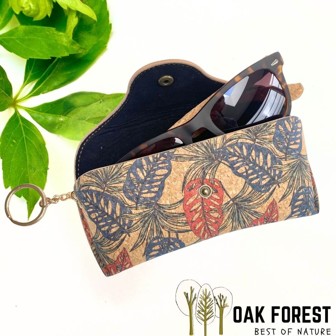 Étui à lunettes semi rigide en liège motif feuilles de jungle avec anneau d'attache pour lunettes de soleil