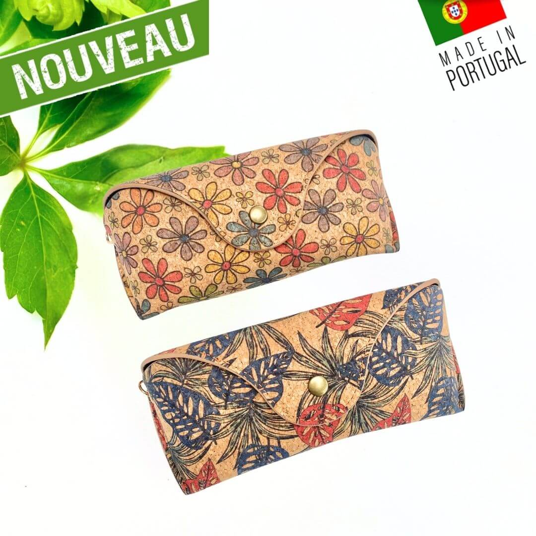 Étui à lunettes rigide en liège bicolore motifs fleurs colorées et feuilles de jungle avec attache porte-clés Oak Forest