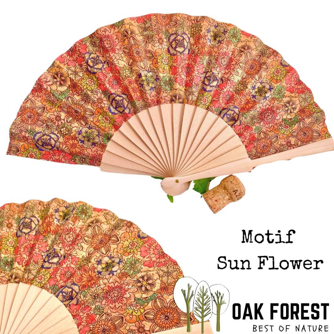 eventail femme vegan - éventail en liège - éventail artisanal - éventail bois - idée cadeau femme - idée cadeau fête des mères - éventail espagnol - eventail fleuri - éventail - ventilation été - éventail pour femme - joli éventail en liège -