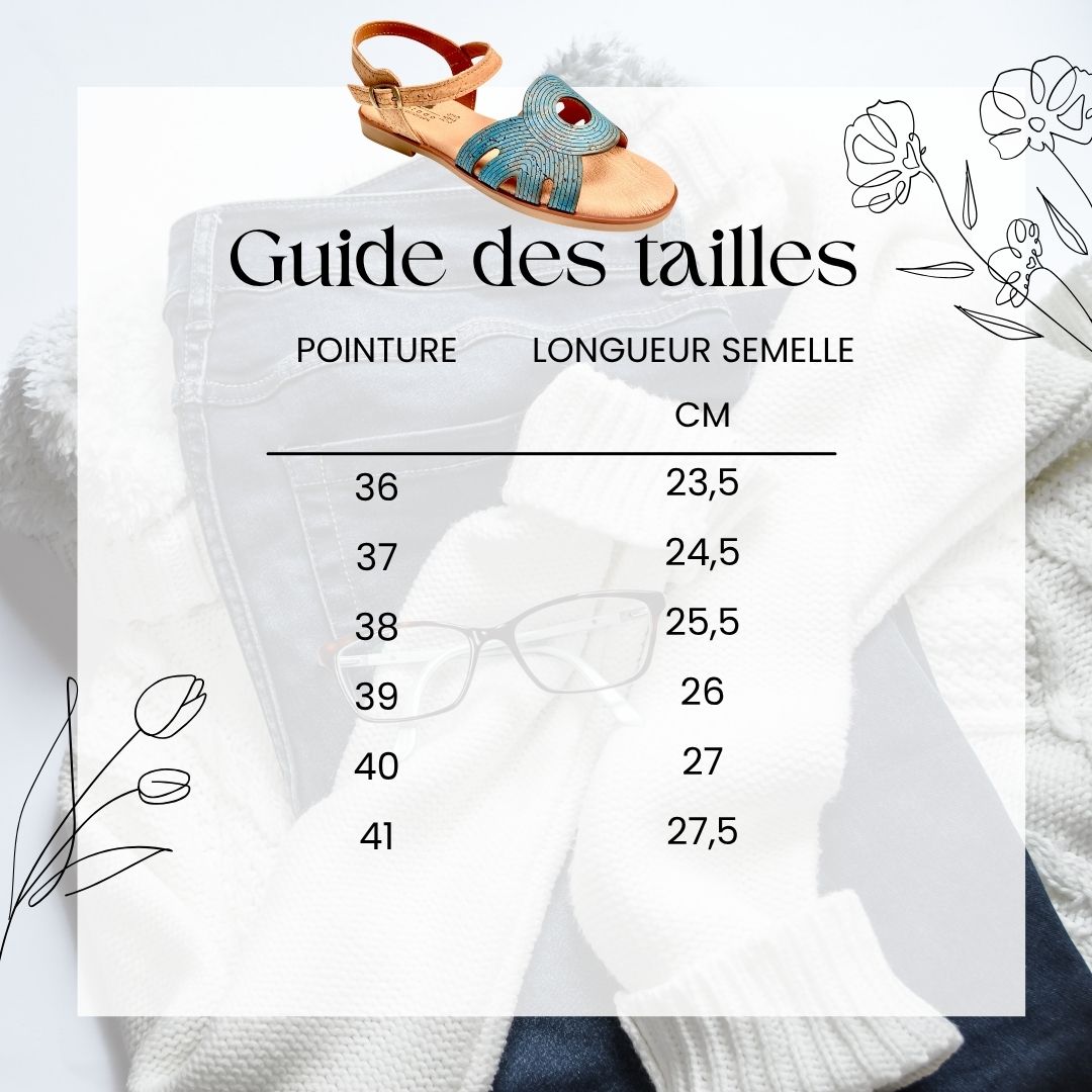 guide des tailles et pointures pour les sandales femme en liège ondolina