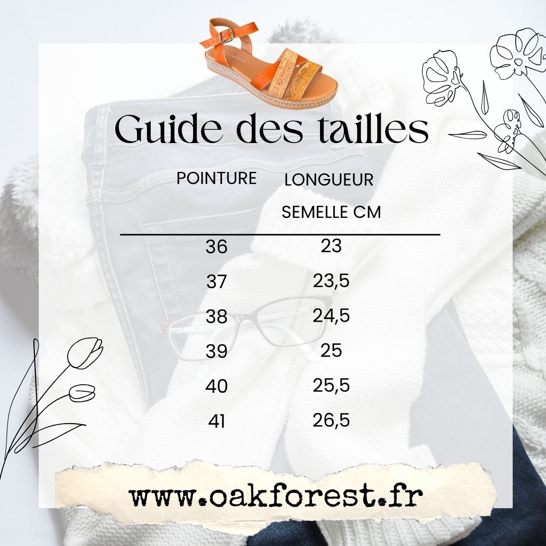 guide des tailles & pointure de la sandale femme vegan en liège orange modèle Roma, fabriquée au portugal