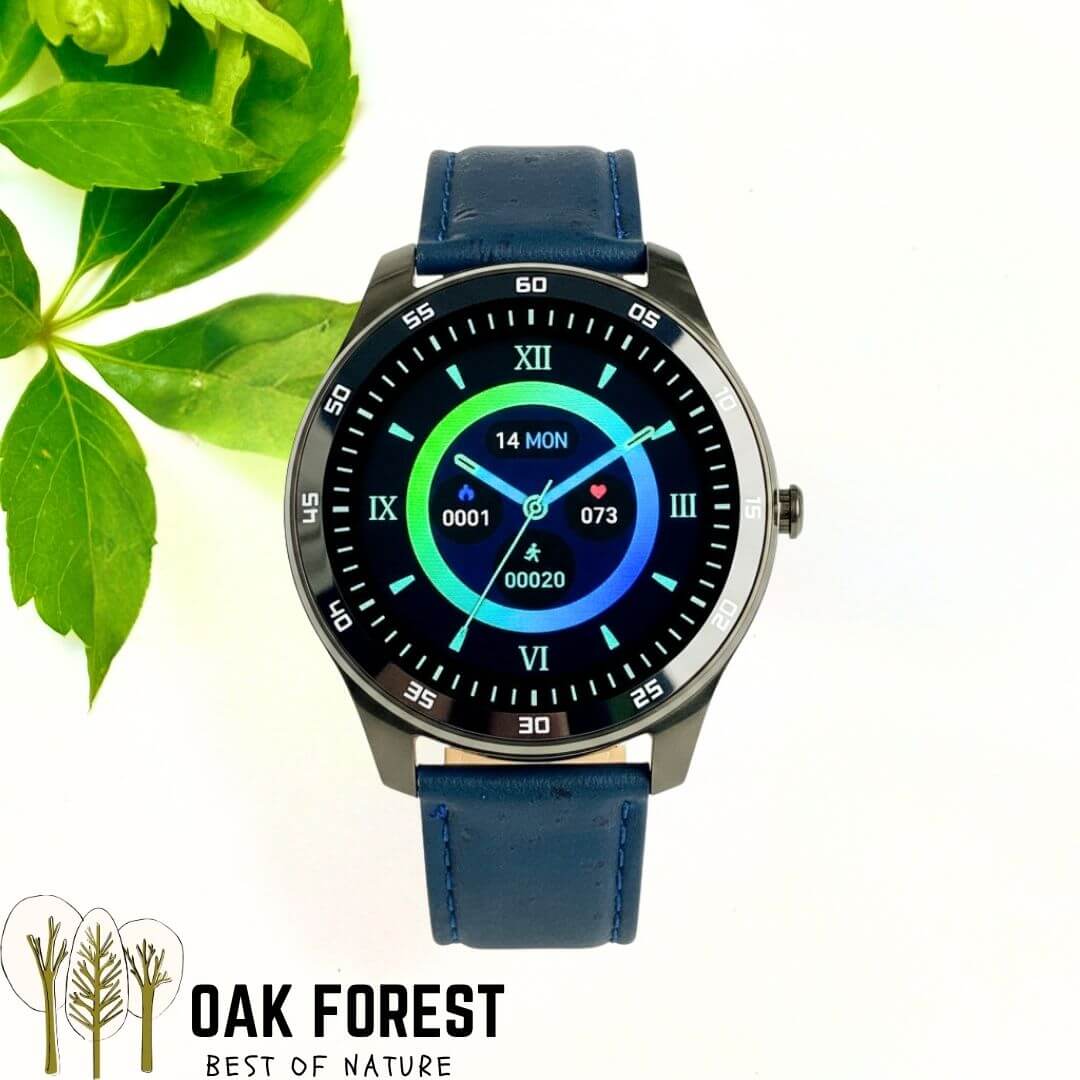 montre homme vegan en liège avec bracelet liège bleu marine et cadran noir digital
