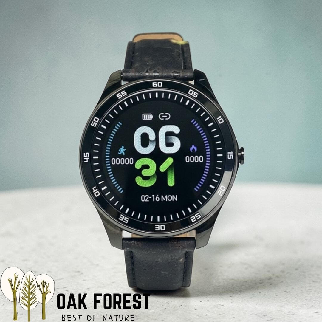 montre liège naturel connectée en liège naturel pour homme en liège noir et cadran noir, affichage numérique