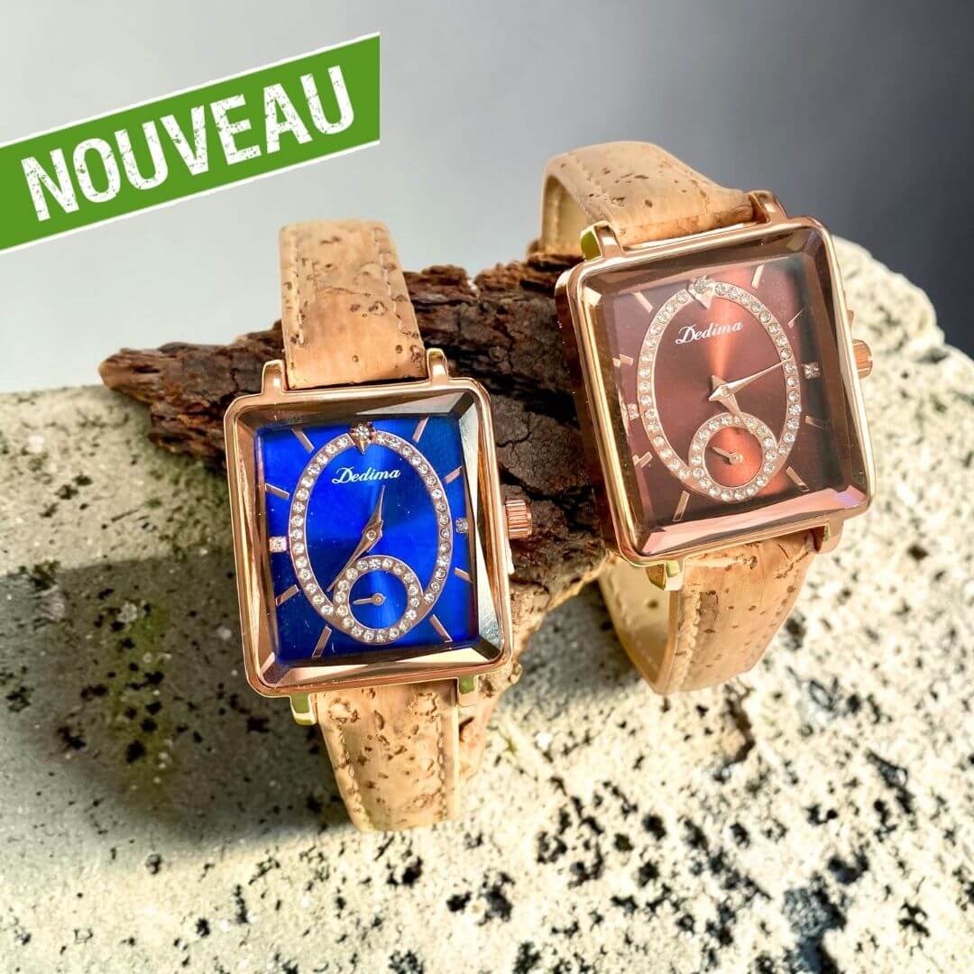 Montres Carré Cuivré en liège, cadran bleu et cadran marron cuivré posées sur écorce de chêne-liège