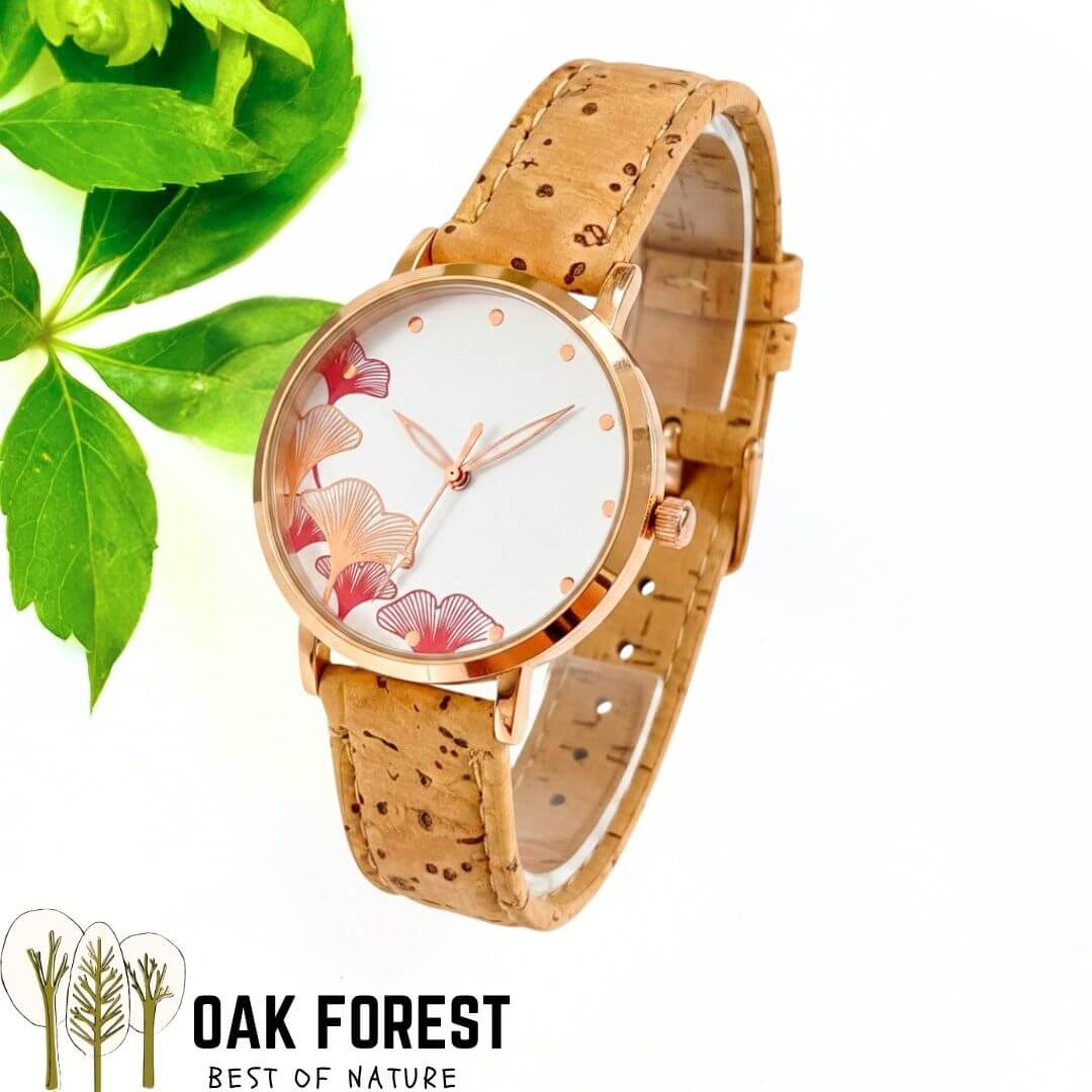 montre vegan en liege - montre liege portugal - montre cuir végétal - montre mixte - montre femme - montre homme - montre naturel pas cher - montre femme vegan en liege rose - montre blanche - montre japon - montre femme ginkgo