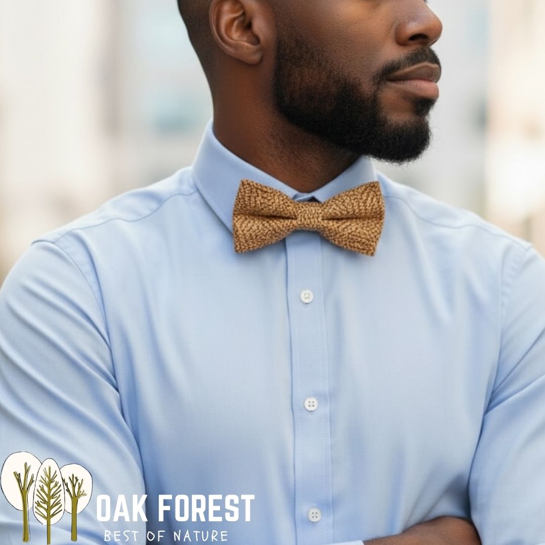 Nœud papillon en liège naturel mariage motif damier géométrique, accessoire de mode homme Oak Forest