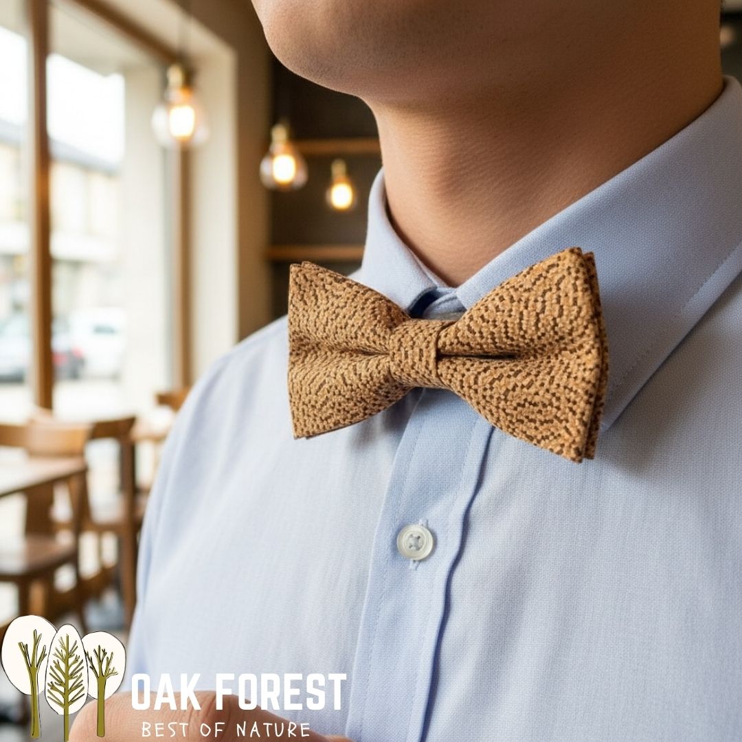 Nœud papillon en liège naturel avec motif damier géométrique, accessoire de mode homme Oak Forest