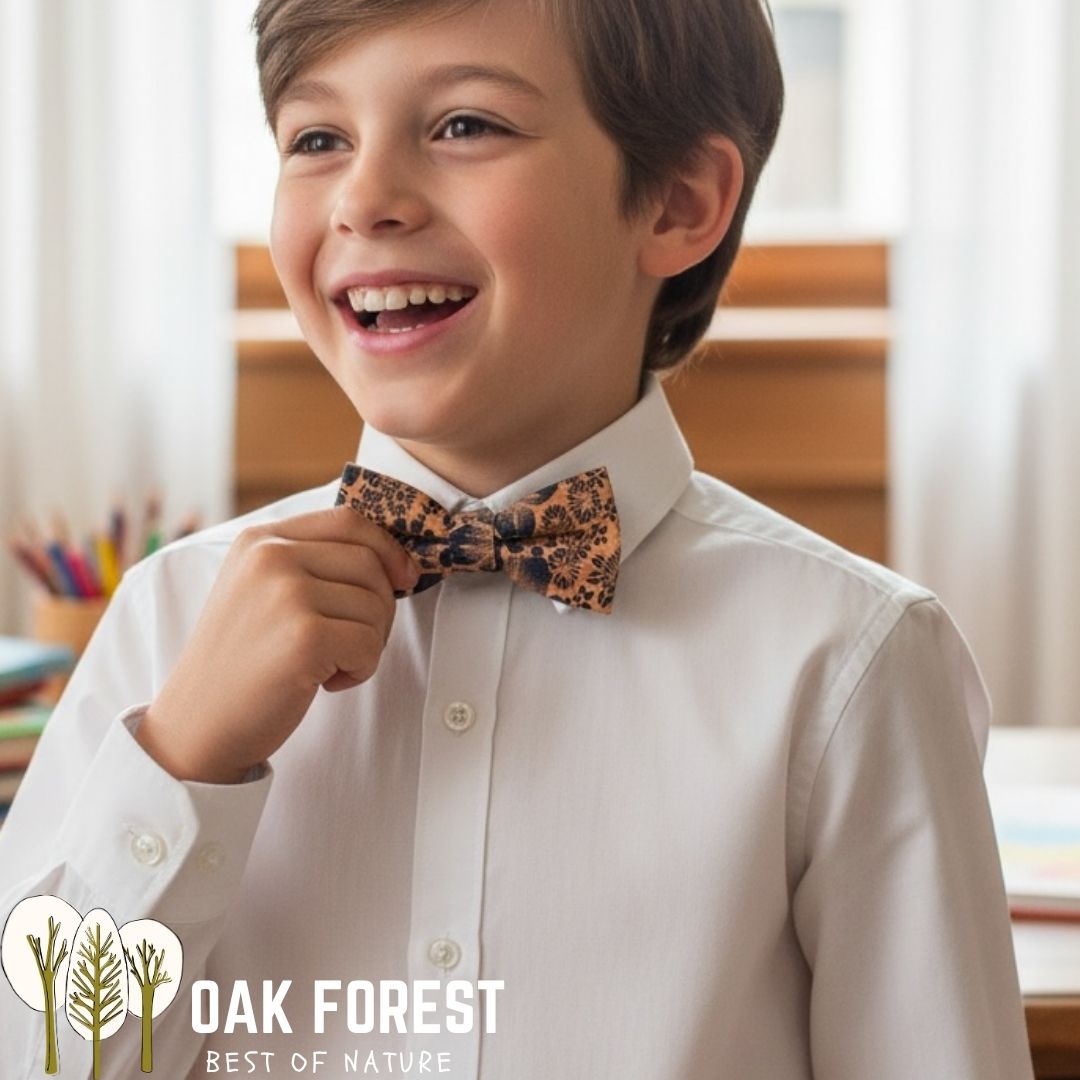 Noeud Papillon enfant en liège avec motif fleurs bleu marin pour mariage, communion