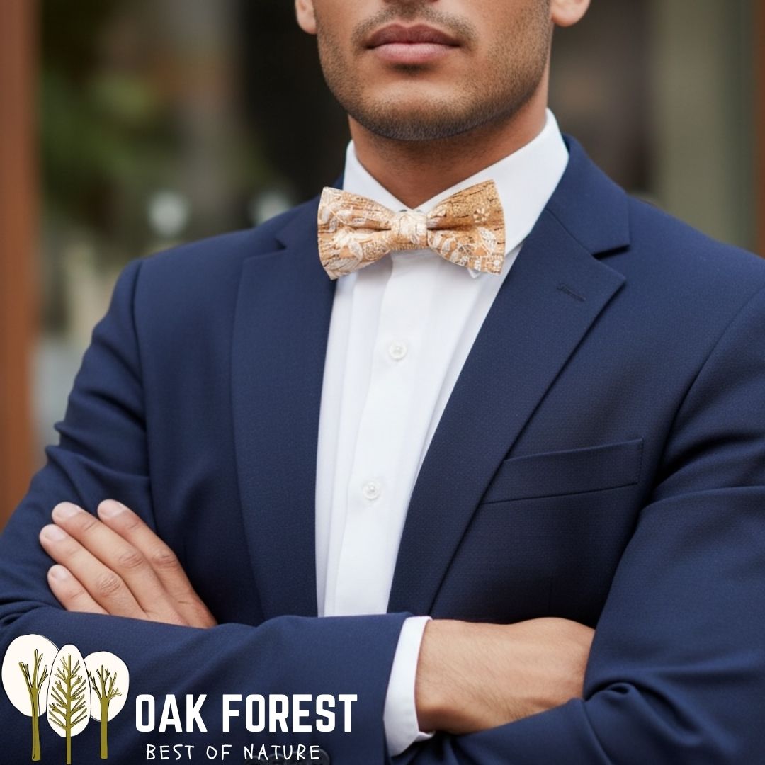 Nœud papillon en liège naturel fleurs blanches, disponible en version adulte et enfant, accessoire mariage Oak Forest