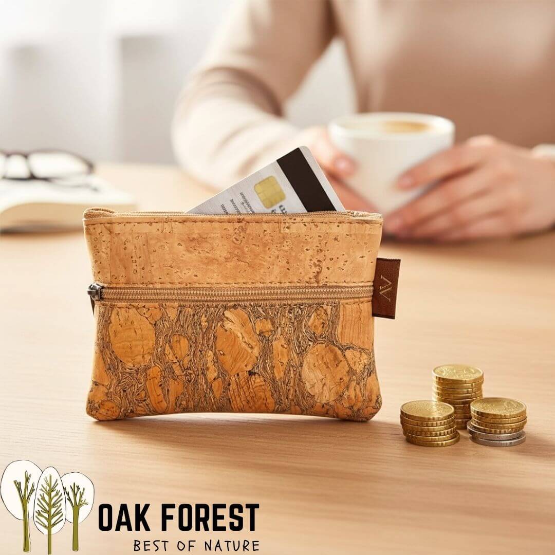 Petit porte-monnaie homme vegan en liège naturel avec motifs nervurés bicolore double fermeture zippée