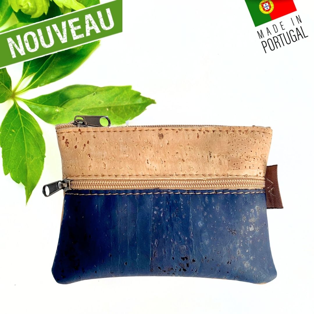 Petit porte-monnaie bicolore bleu marine et liège naturel avec double fermeture zippée Oak Forest