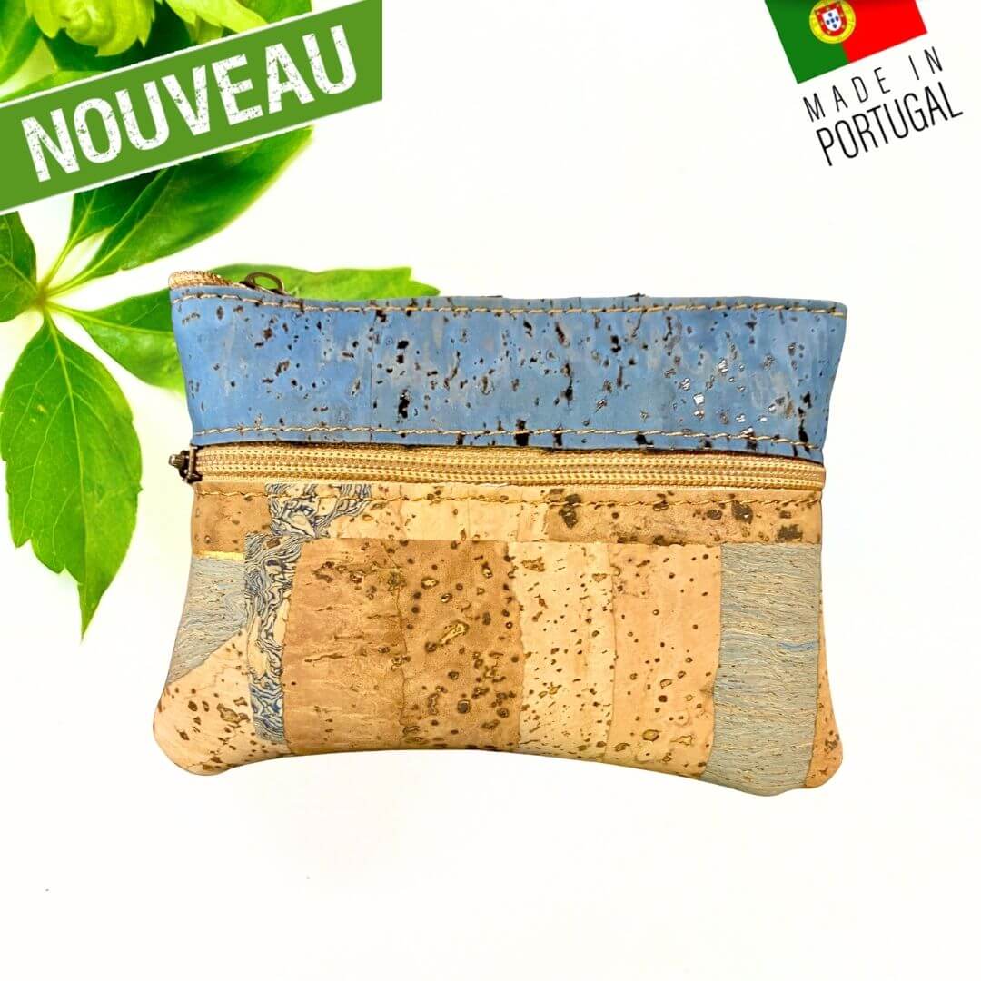 Petit porte-monnaie artisanal en liège bicolore bleu et naturel avec double poche zippée Oak Forest