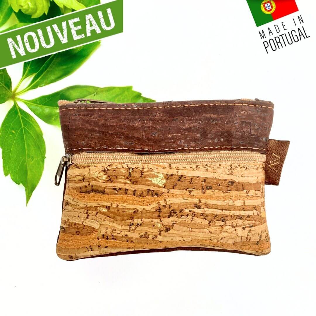 Porte-monnaie bicolore en liège marron chocolat et motif zébré naturel avec deux compartiments zippés Oak Forest