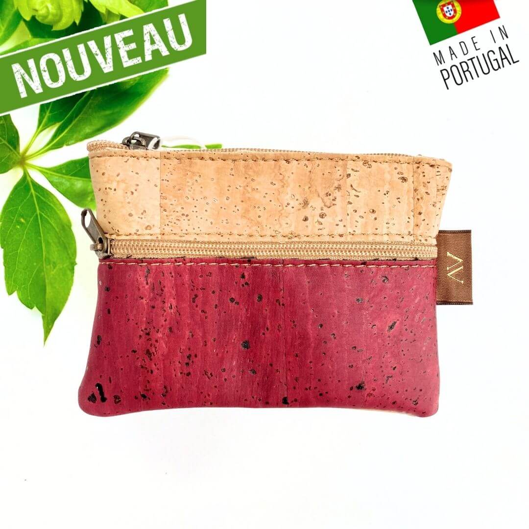 Porte-monnaie bordeaux en liège naturel bicolore avec deux poches zippées Oak Forest