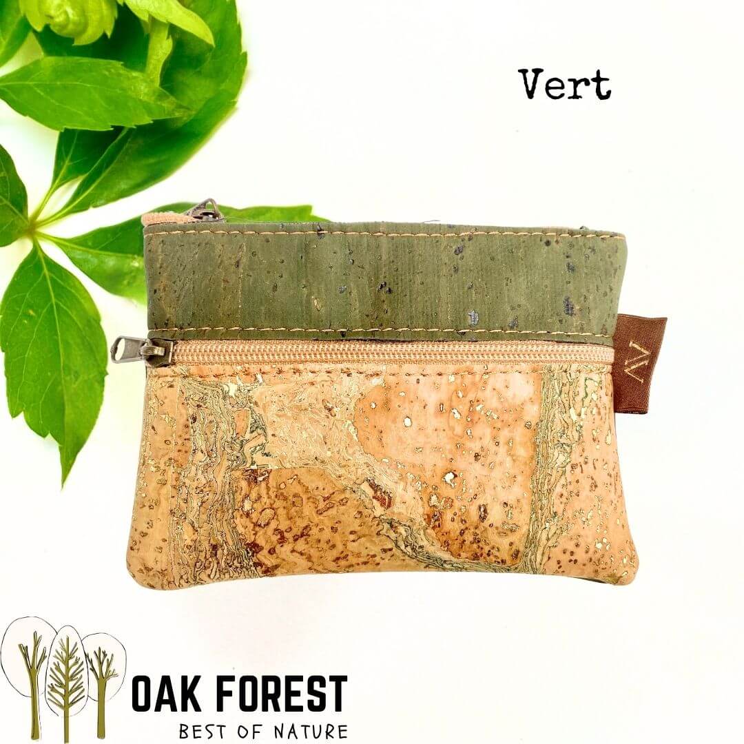Porte-monnaie artisanal bicolore vert kaki et liège naturel reflet doré avec deux compartiments zippés