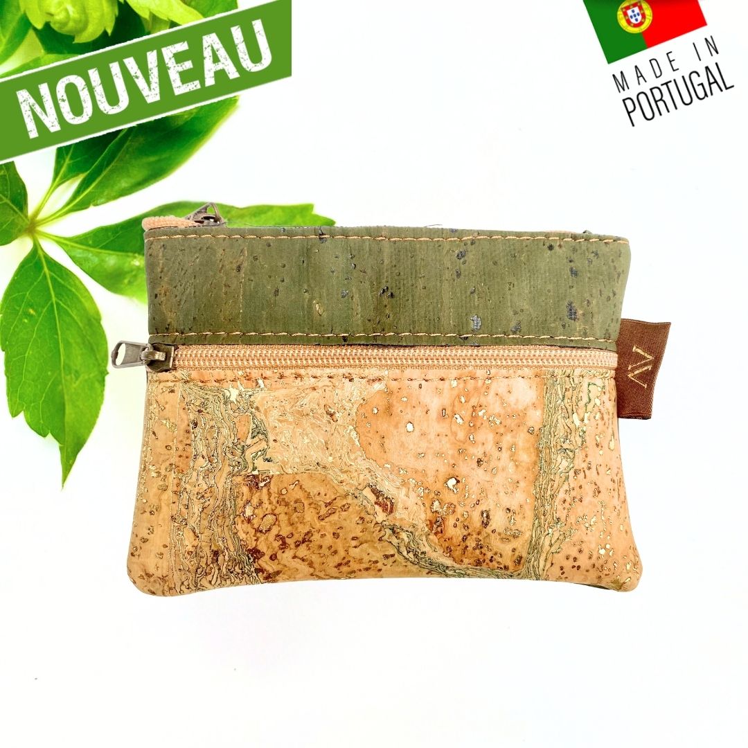 Porte-monnaie artisanal bicolore vert olive et liège naturel avec deux compartiments zippés Oak Forest