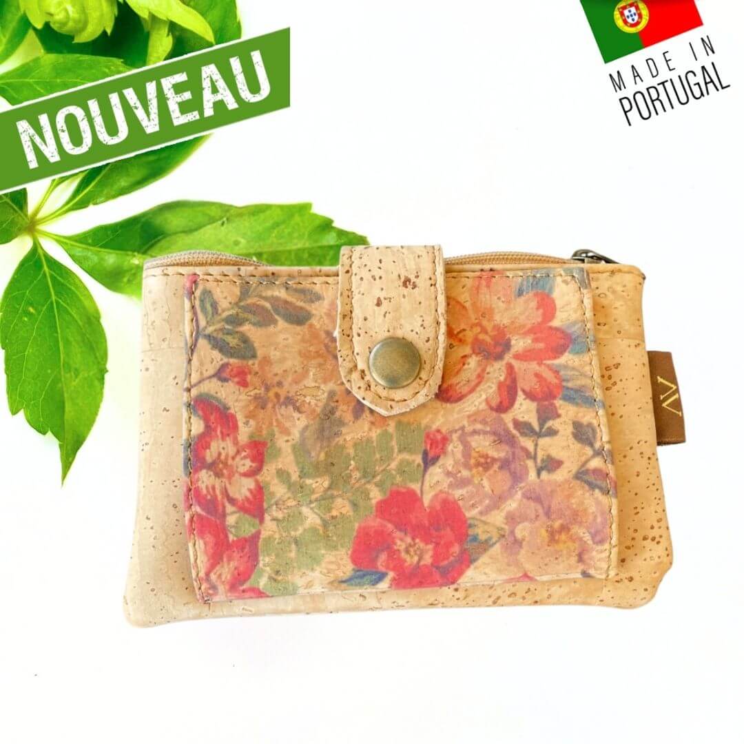 Porte-monnaie Hawaï en liège imprimé floral aquarelle avec rabat à bouton-pression
