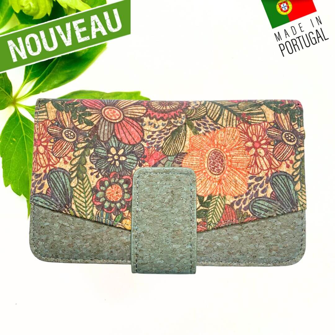 Portefeuille en liège naturel "Flora Blue" - Portefeuille Vegan en liège