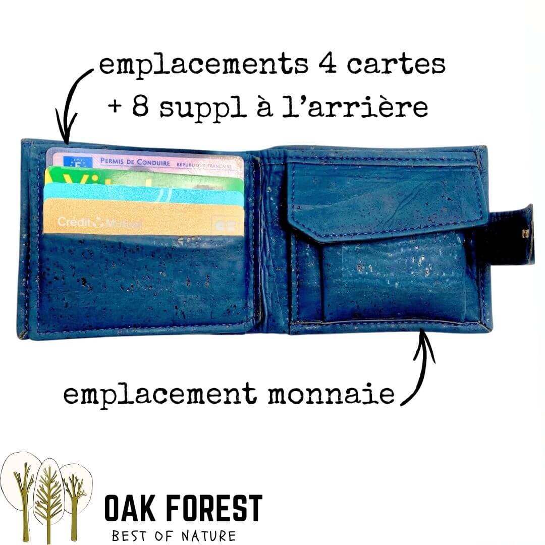 Portefeuille homme vegan Dark Blue ouvert avec indication des 8 + 4 emplacements cartes + porte monnaie