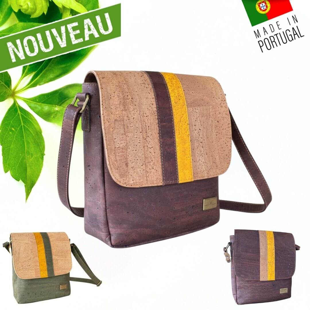 Besace homme en liège marron camel avec rabat naturel à bande jaune et brune — modèle Rallye - autres coloris disponibles