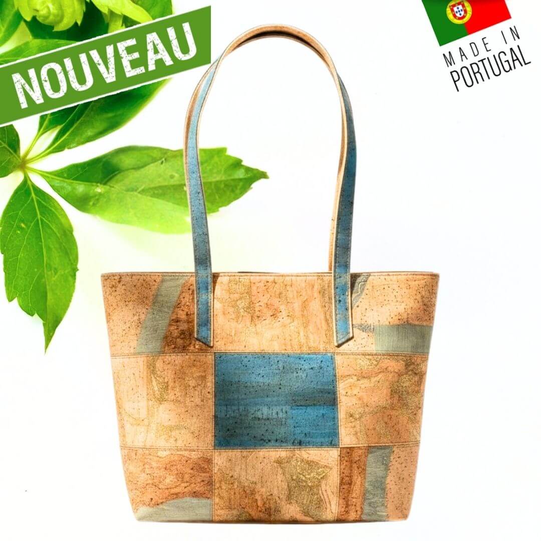 Cabas en liège patchwork avec pièces bleues, naturelles et olive — modèle Azur vue de face