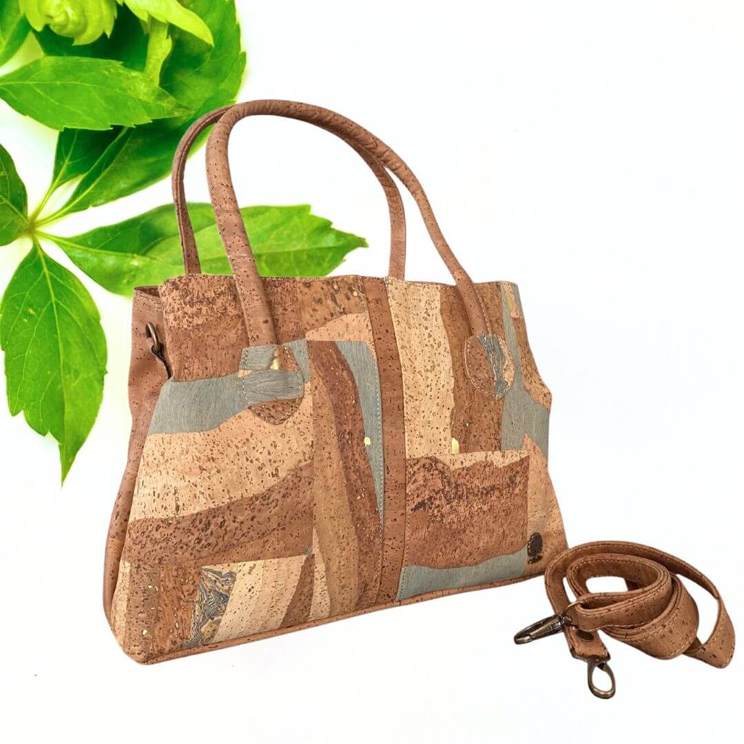 Sac à main en liège patchwork bleu-gris « Aguarela » avec sangle bandoulière amovible