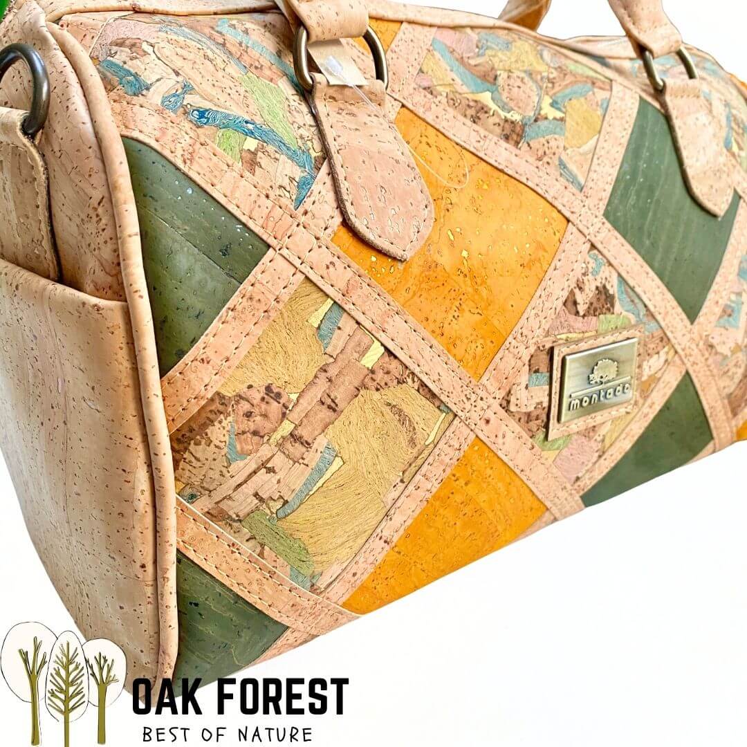 Détail du motif patchwork losanges du sac Arlequin en liège moutarde vert olive et marbré multicolore